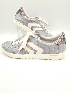 Dolce Vita Niel Gray Sneakers with Pink Snake-Print Heel Accent